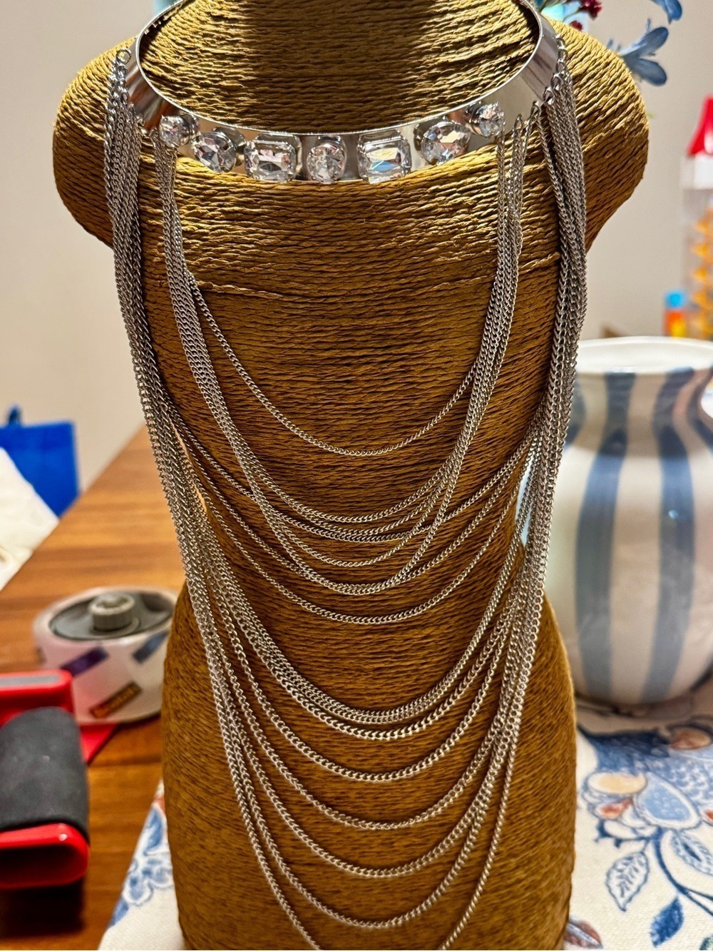 Silver Multi-Layer Chain Statement Necklace with Crystal Accents